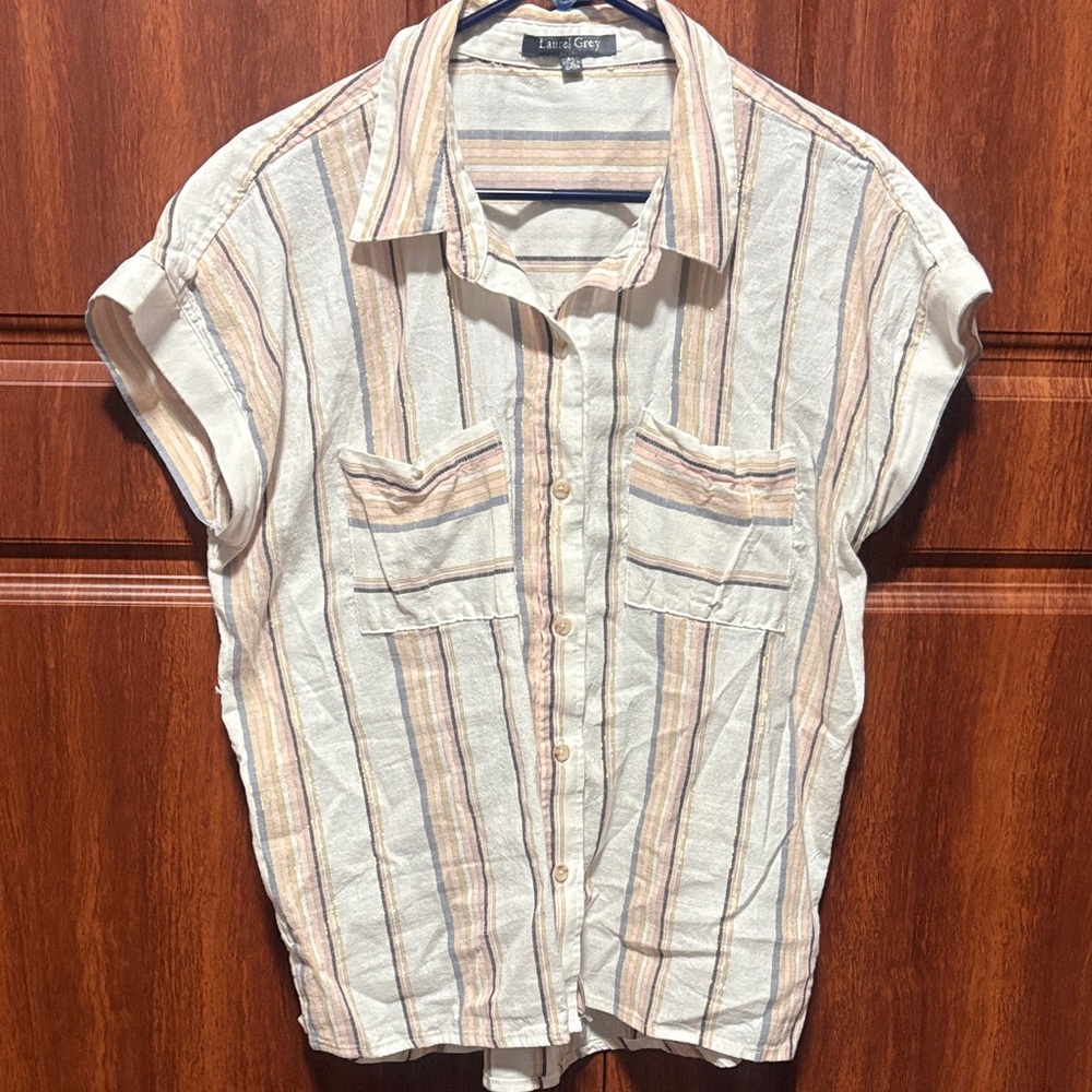 Cream Striped Short-Sleeve Button-Down Shirt